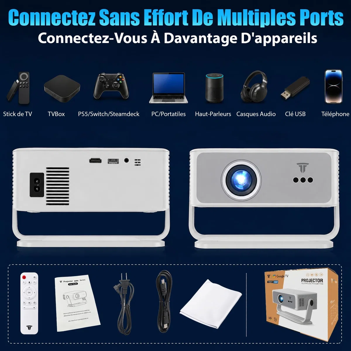 [2026 Version Améliorée] Videoprojecteur 4K &1080P WiFi et Bluetooth Focus électronique Correction à 270 Degrés Projecteur Video Portable pour HDMI/TV Stick/Laptop