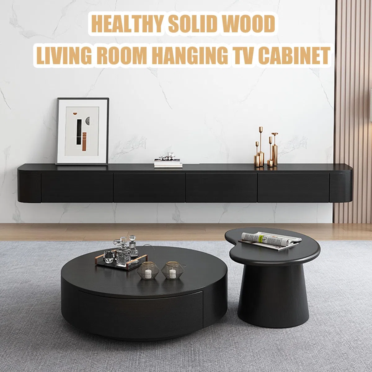 Slish Meuble TV mural moderne en bois avec Sto, idéal pour le salon ou la chambre à coucher (180 x 24 cm) Design compact Noir