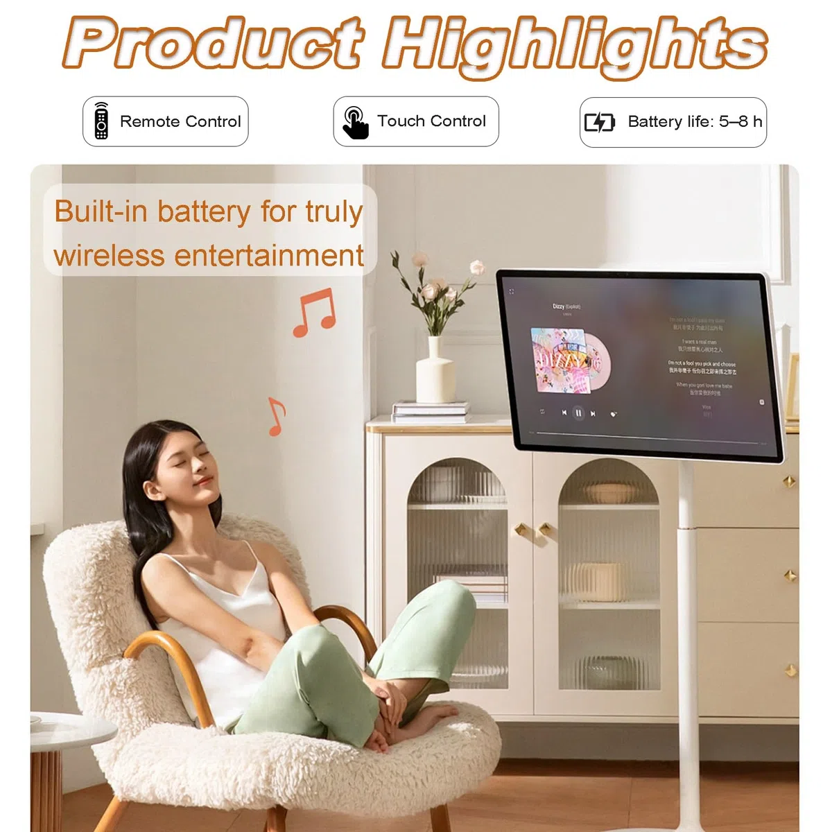 Television Portable sur Pied, Téléviseur Portable 24/27 Pouces, écran Tactile 1080P sur roulettes avec Caméra & Télécommande, pour Télétravail et Salles de Classe(4+64GB,27in)