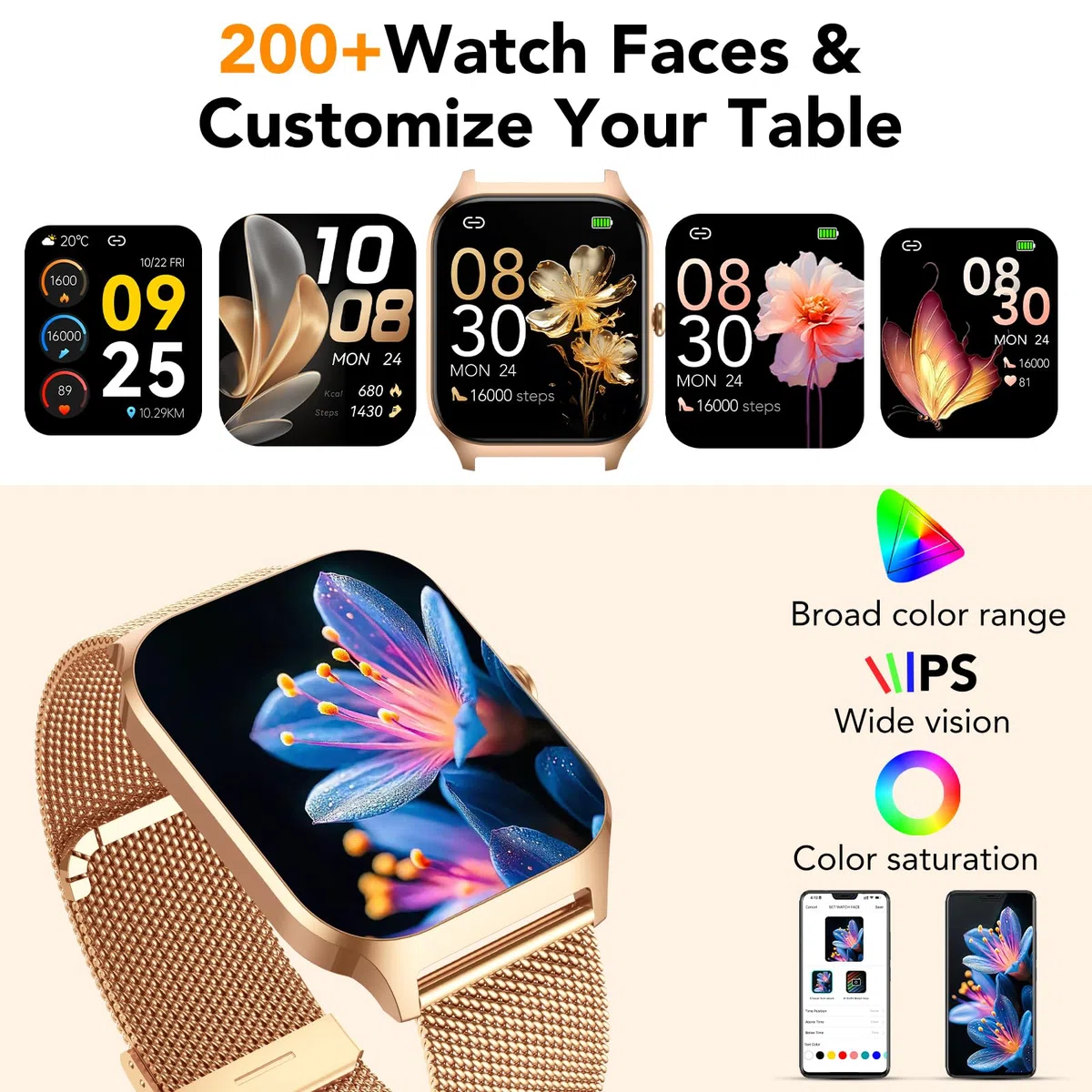 CASCHO Montre Connectée Femme avec Appel Bluetooth,1.85" HD Smartwatch Femme avec Fréquence Cardiaque/Sommeil/SpO2, IPX7 Étanche Fitness Tracker, 120+ Modes Sportifs, Montre pour Android iOS Doré