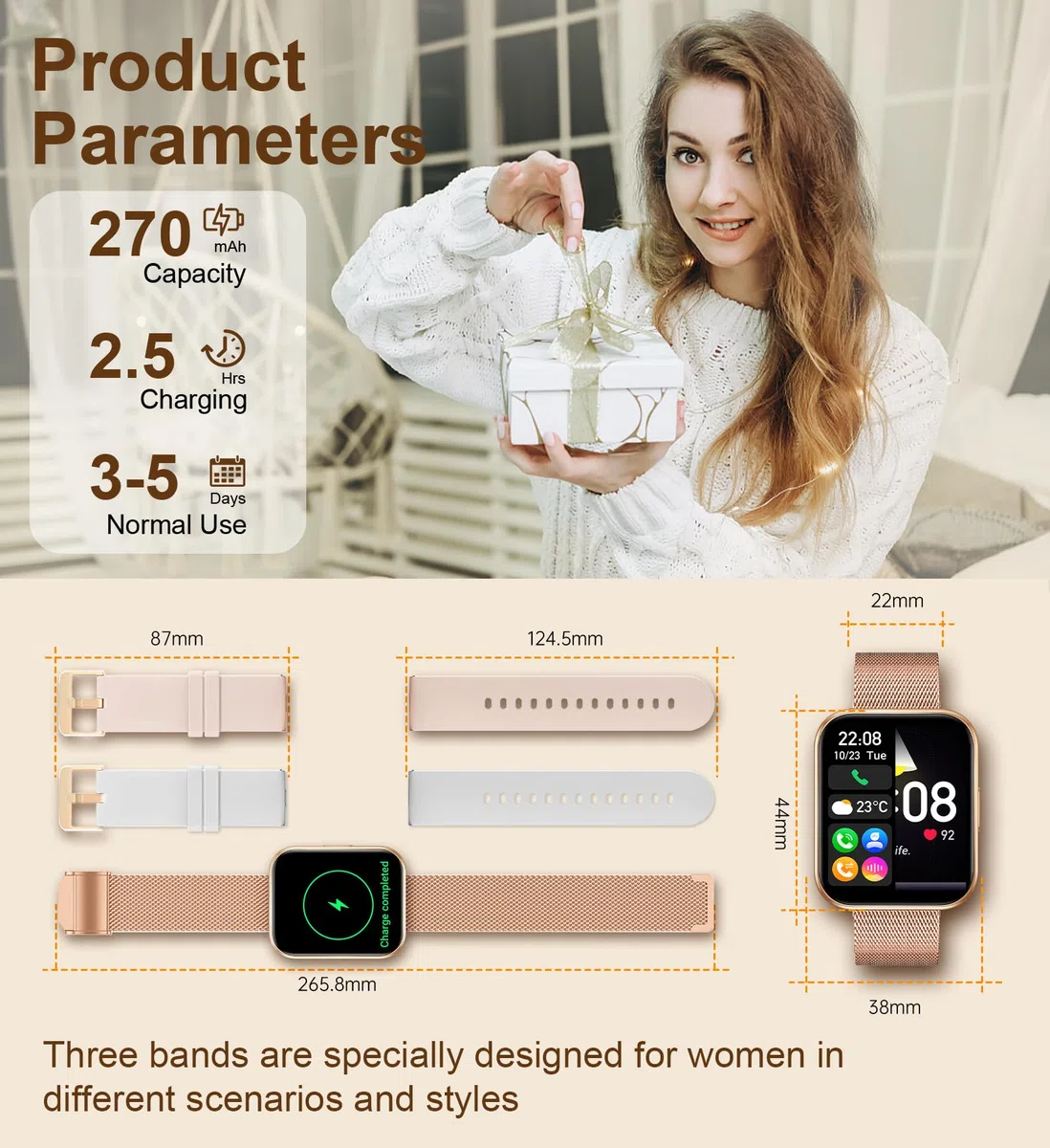 Iaret Montre Connectée Femme avec Appel Bluetooth, 1,85" HD Smartwatch, 100+ Sportifs, Moniteur de Sommeil Cardiofréquencemètre, Cycle Menstruel, Montre Podomètre pour Android iOS, Cadeau Femme