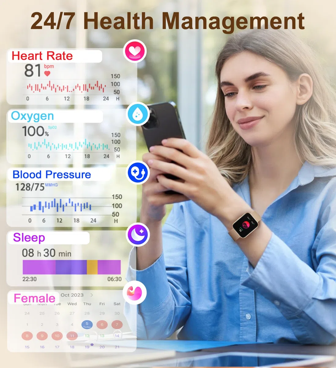 Iaret Montre Connectée Femme avec Appel Bluetooth, 1,85" HD Smartwatch, 100+ Sportifs, Moniteur de Sommeil Cardiofréquencemètre, Cycle Menstruel, Montre Podomètre pour Android iOS, Cadeau Femme