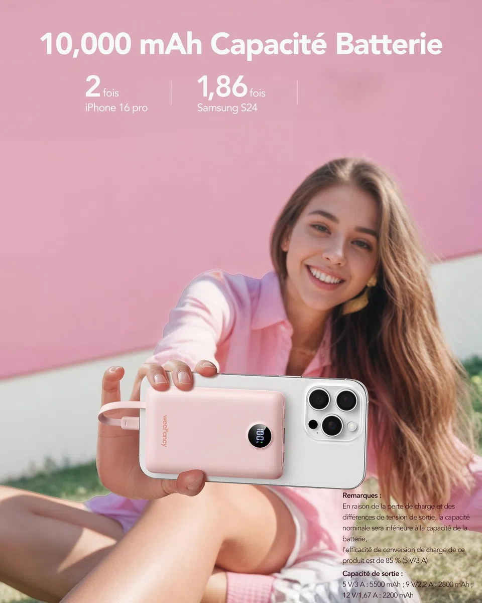 Batterie Externe 10000mAh, WeeFancy Power Bank Charge Rapide PD 22.5W avec Câbles Intégrés USB C Sortie, Mince Légère Portable Chargeur Affichage LED, Universel Compatible iPhone/Samsung (Rose)
