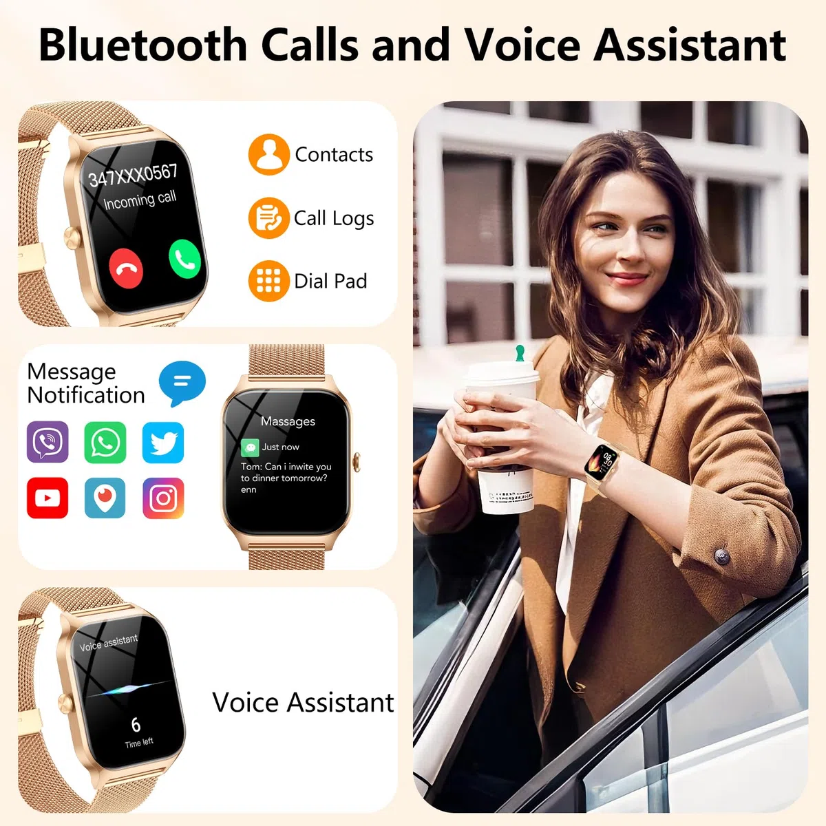 CASCHO Montre Connectée Femme avec Appel Bluetooth,1.85" HD Smartwatch Femme avec Fréquence Cardiaque/Sommeil/SpO2, IPX7 Étanche Fitness Tracker, 120+ Modes Sportifs, Montre pour Android iOS Doré