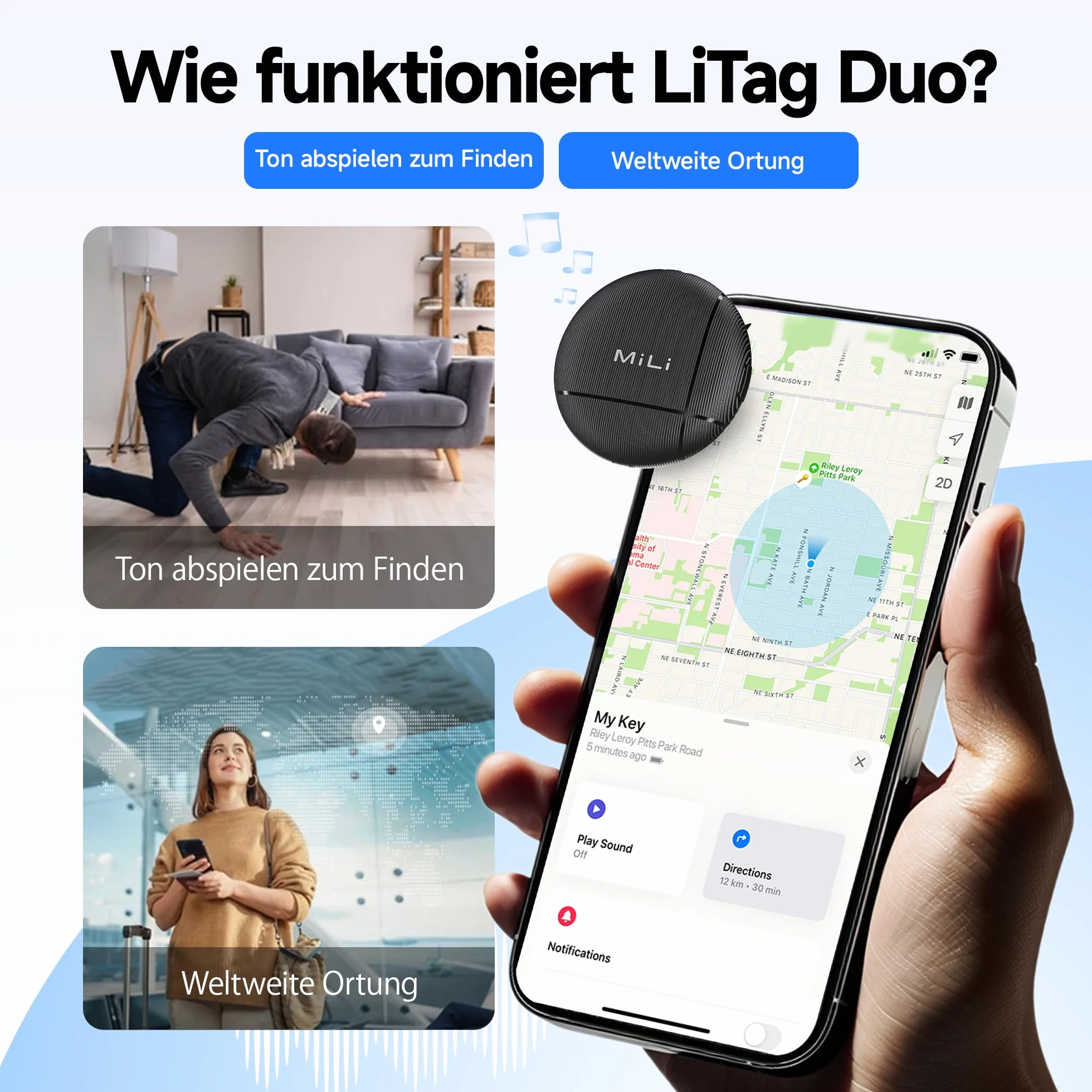 MiLi LiTag Duo Traceur Localisateur D’Objets Bluetooth, Compatible avec Apple et Android Localiser, pour Valises/Portefeuilles/Clés/Sacs/Bagages, Batterie Remplaçable, 4 Pack