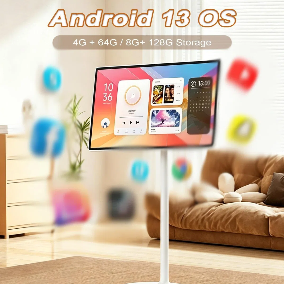 Television Portable sur Pied, Téléviseur Portable 24/27 Pouces, écran Tactile 1080P sur roulettes avec Caméra & Télécommande, pour Télétravail et Salles de Classe(4+64GB,27in)