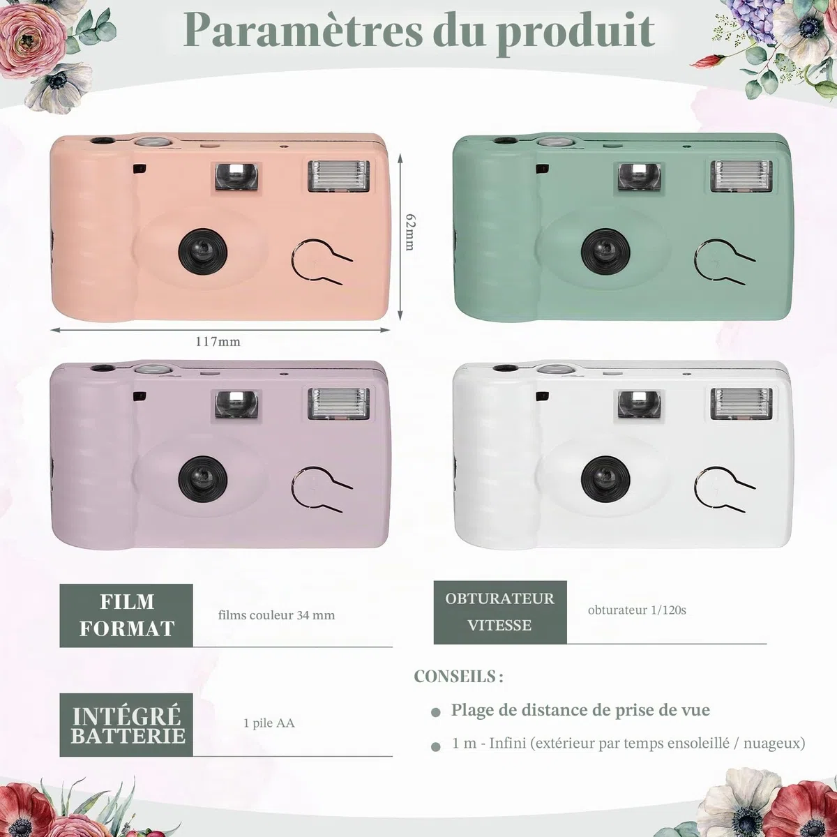 LEIFIDE Lot de 8 appareils photo jetables en vrac pour mariage, usage unique, appareil photo 35 mm avec film couleur flash pour photographie, anniversaire, voyage, camping, fête (couleur mignonne)