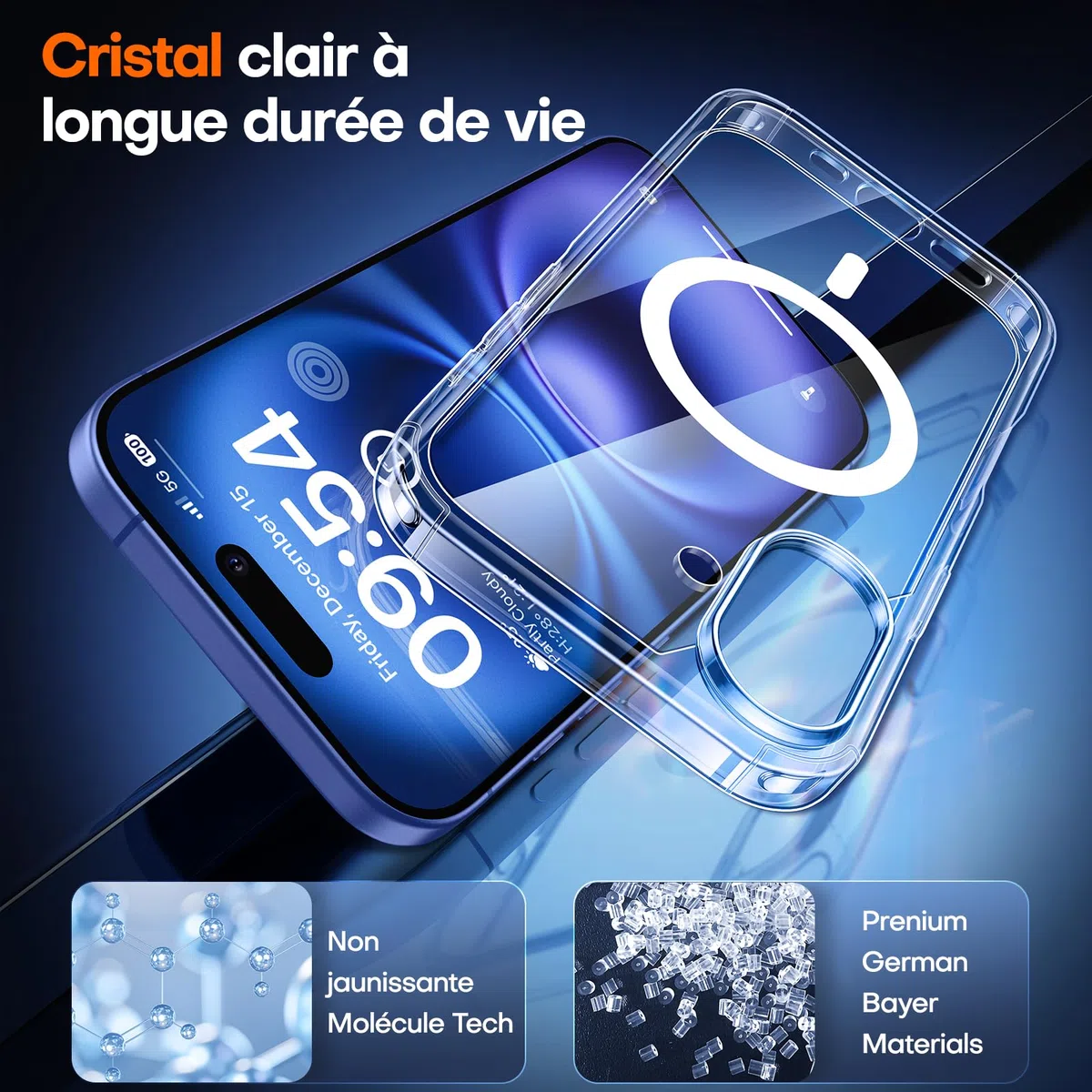 TAURI Coque Magnétique pour iPhone 16 [Protection Militaire] avec Protection D'écran en Verre Trempé [Compatible avec MagSafe] -Coque Mince 6,1 Pouces-Transparent