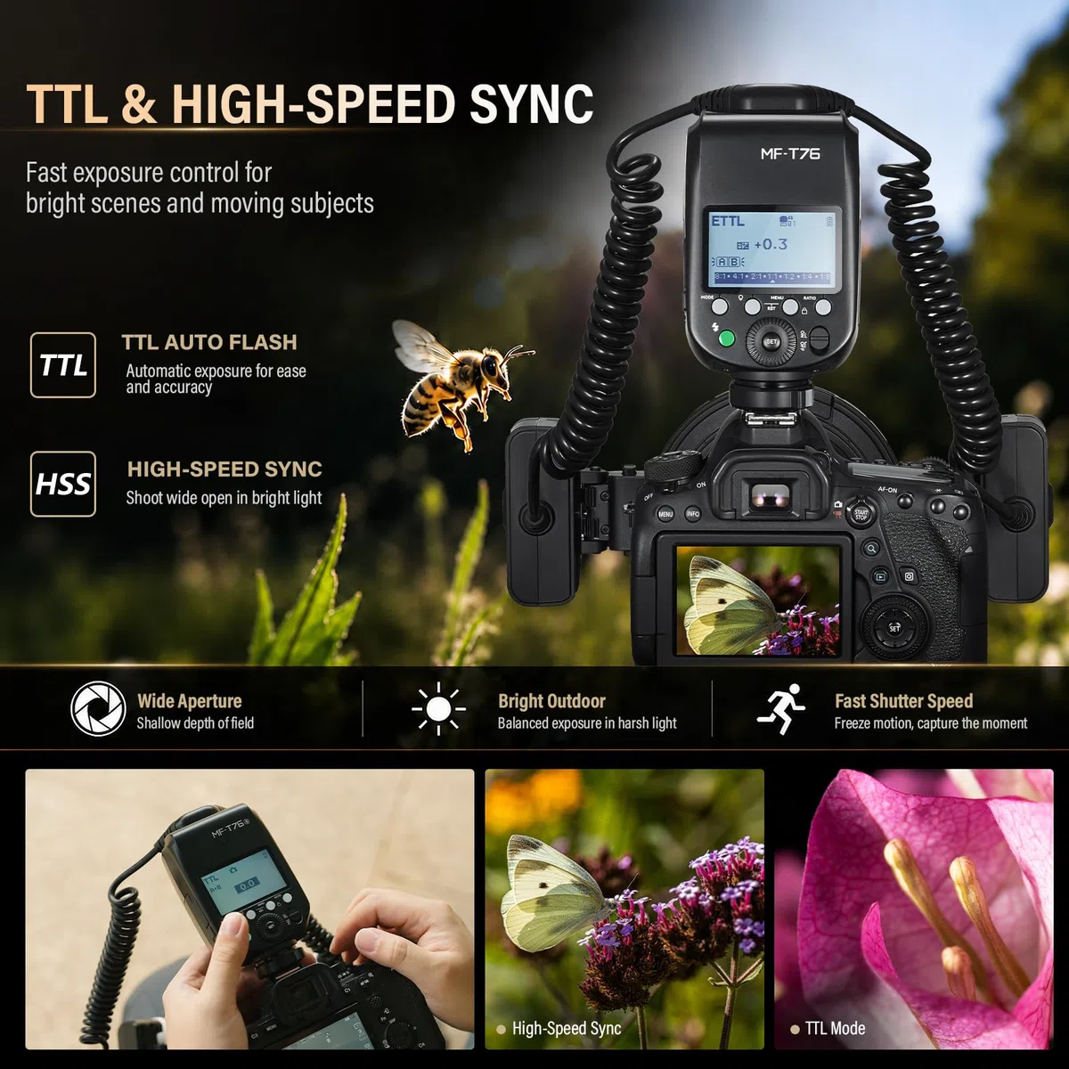 Godox MF-T76 N Flash Macro pour Nikon MF T76 Double Flash TTL Micro Flash 76Ws GN22.4 1,2s Recyclage HSS 4 Twin Flash avec Têtes Réglables Photographie Macro Bijoux Insectes Et Photographie Dentaire