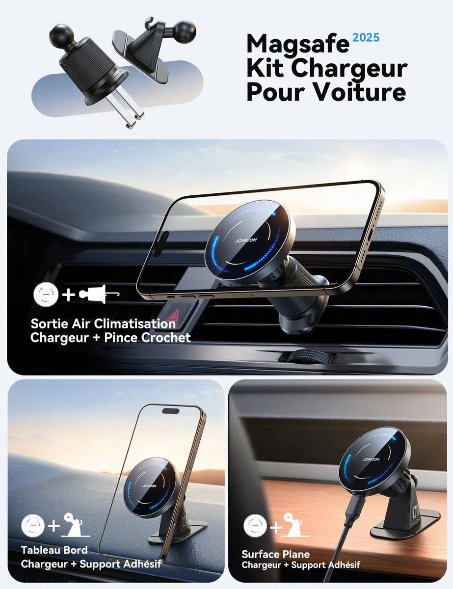 JOYROOM Support Telephone Voiture Magsafe Induction Ensemble 2 en 1 [Conception Améliorée Pince Double Crochet] Chargeur Magsafe Voiture 15W, Chargeur Induction Voiture iPhone 17 Air Pro Max 16-12