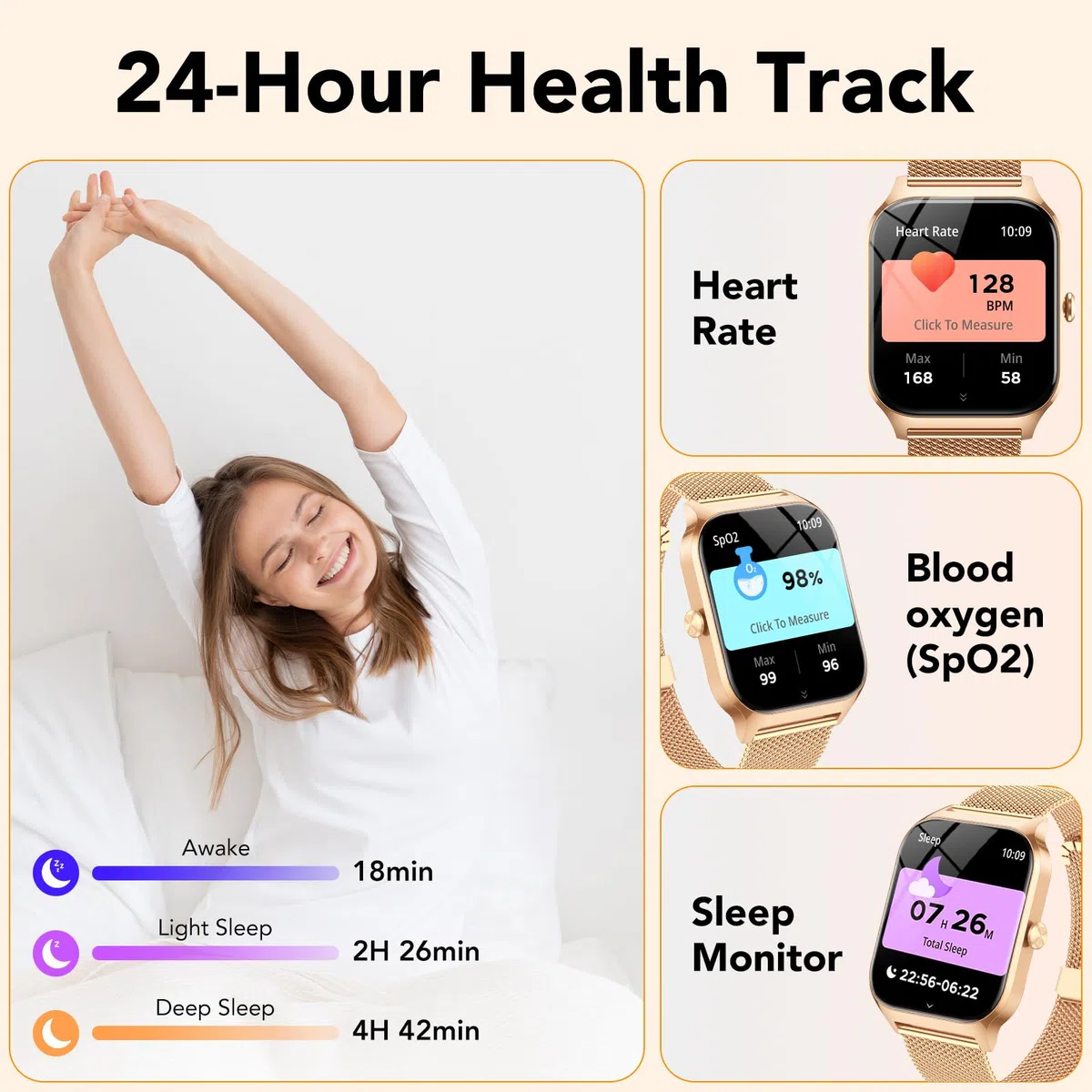 CASCHO Montre Connectée Femme avec Appel Bluetooth,1.85" HD Smartwatch Femme avec Fréquence Cardiaque/Sommeil/SpO2, IPX7 Étanche Fitness Tracker, 120+ Modes Sportifs, Montre pour Android iOS Doré