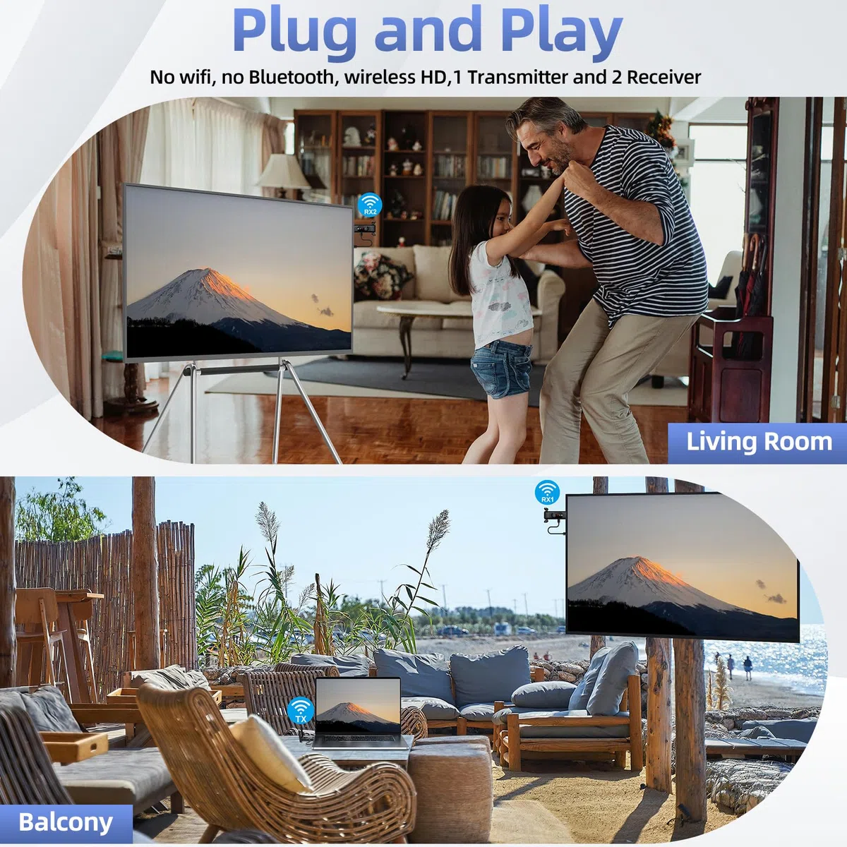 Émetteur HDMI sans fil et 2 récepteurs, 50 m, écran LED, jusqu'à 8RX, Plug and Play, contrôle thermique intelligent, 2,4 + 5 GHz, flux vidéo sans fil depuis Netflix/ordinateur portable/TV Box/appareil