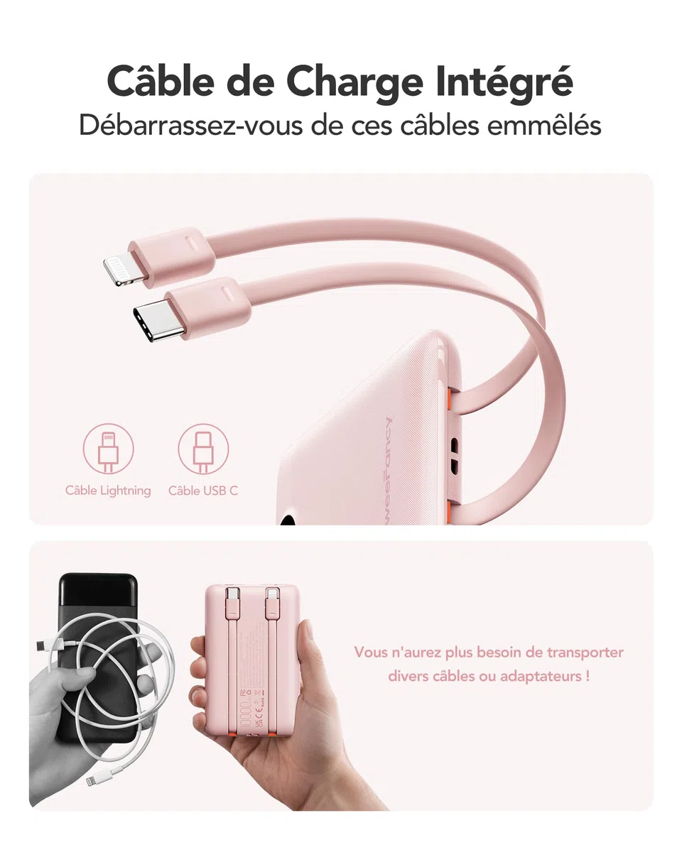 Batterie Externe 10000mAh, WeeFancy Power Bank Charge Rapide PD 22.5W avec Câbles Intégrés USB C Sortie, Mince Légère Portable Chargeur Affichage LED, Universel Compatible iPhone/Samsung (Rose)
