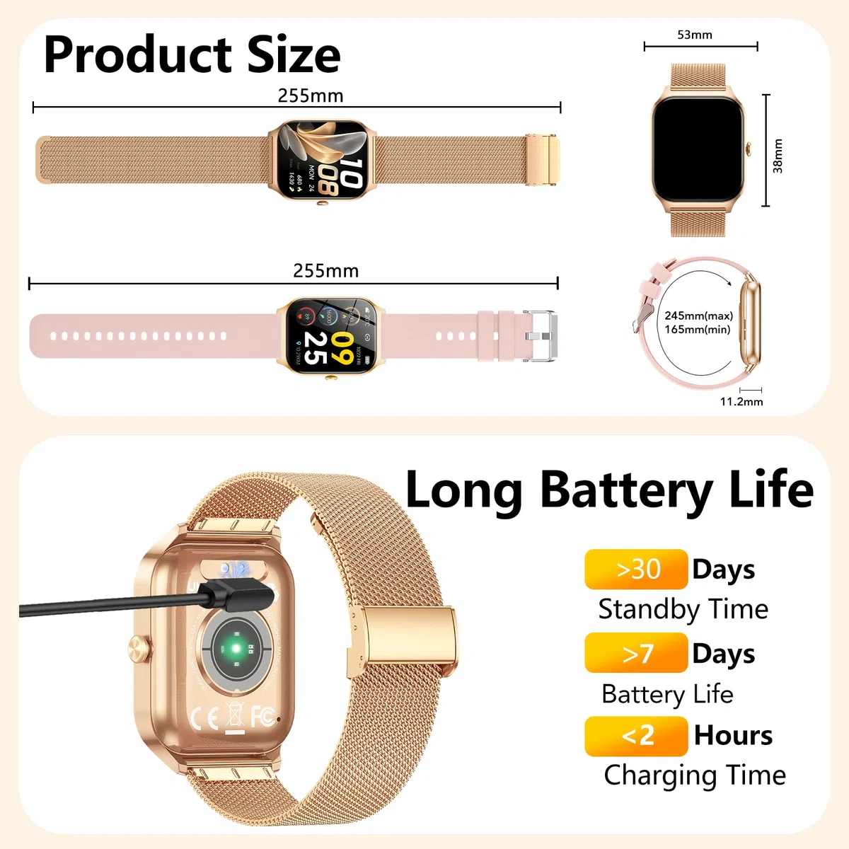 CASCHO Montre Connectée Femme avec Appel Bluetooth,1.85" HD Smartwatch Femme avec Fréquence Cardiaque/Sommeil/SpO2, IPX7 Étanche Fitness Tracker, 120+ Modes Sportifs, Montre pour Android iOS Doré