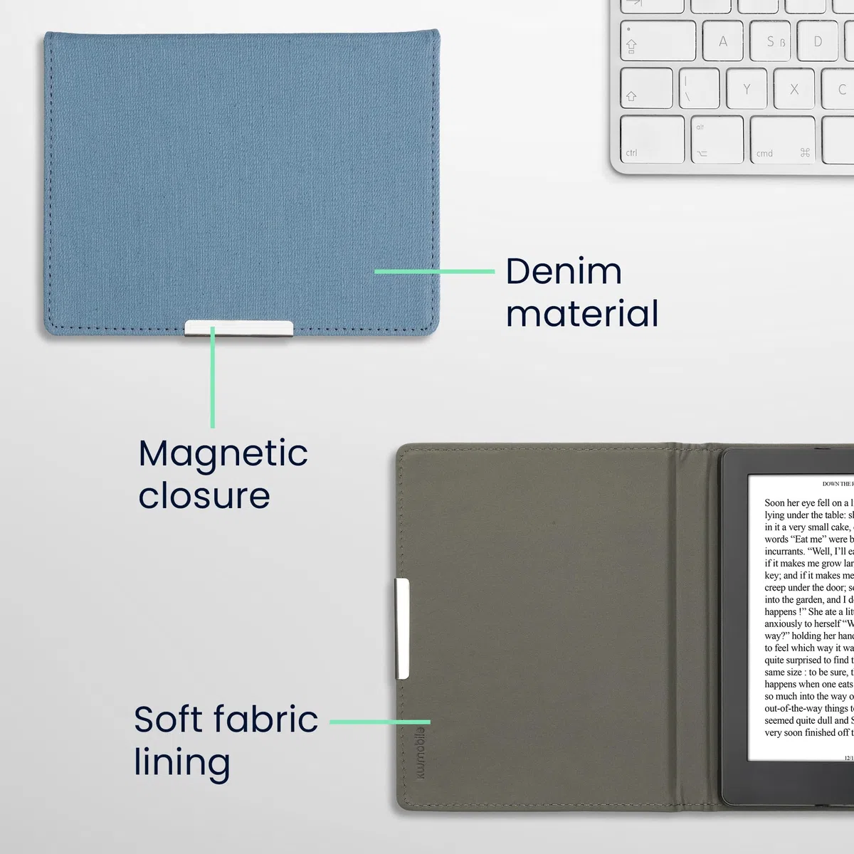 kwmobile Étui liseuse Compatible avec Kobo Aura H2O Edition 2 - Étui à Rabat magnétique Protection en Jean - Bleu