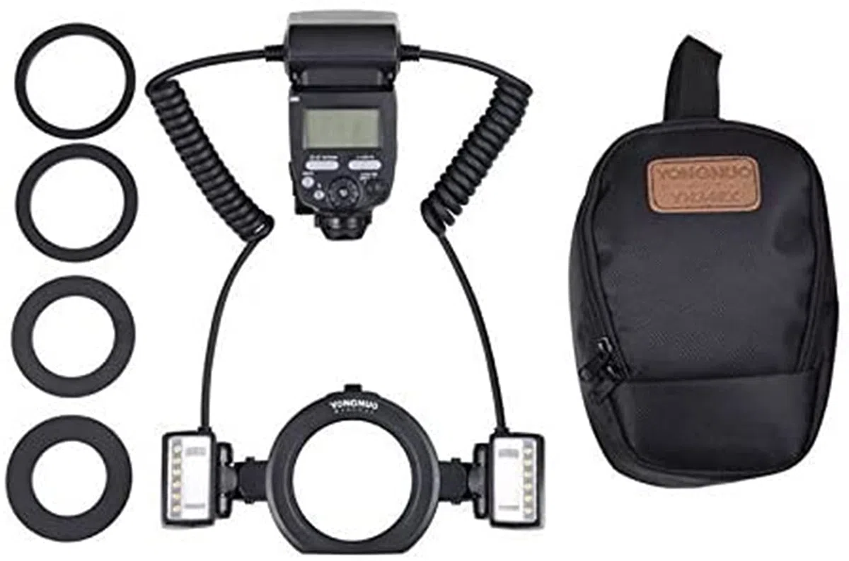 YN-24EX Flash annulaire macro Speedlite avec 2 têtes de flash, 4 bagues d'adaptation, compatible avec Canon, avec chiffon en microfibre