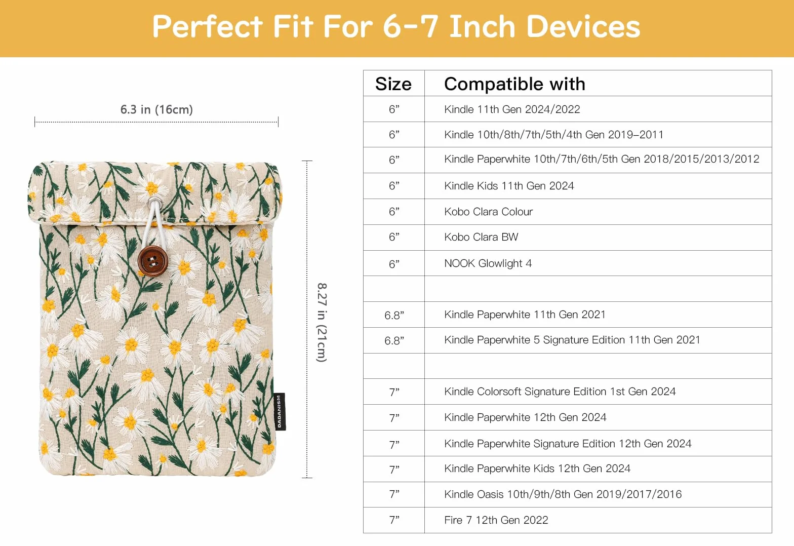 Dadanism 6-7 Pouces Liseuses Housse Sac avec Broderie Florale de Marguerites pour 7" Nouveau Kindle Paperwhite/Colorsoft Signature Edition, 6,8" Kindle Paperwhite, 6" Kindle/Tolino eReader, Beige