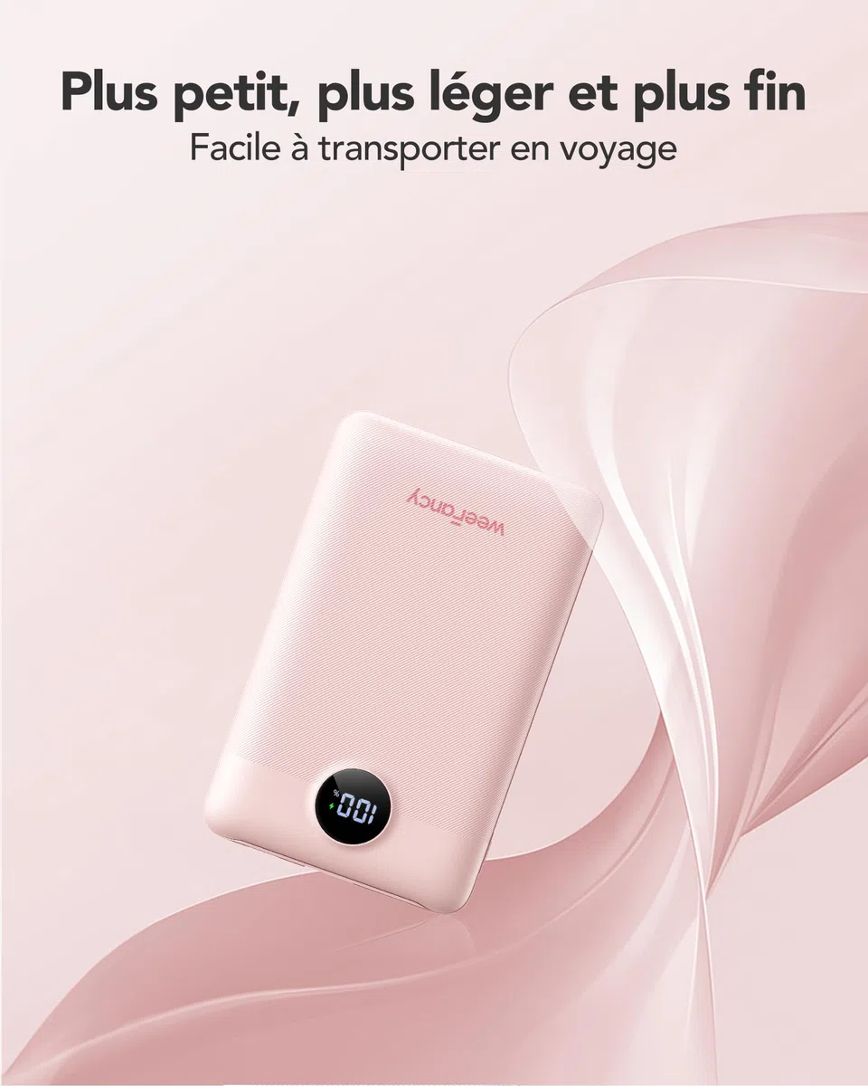 Batterie Externe 10000mAh, WeeFancy Power Bank Charge Rapide PD 22.5W avec Câbles Intégrés USB C Sortie, Mince Légère Portable Chargeur Affichage LED, Universel Compatible iPhone/Samsung (Rose)