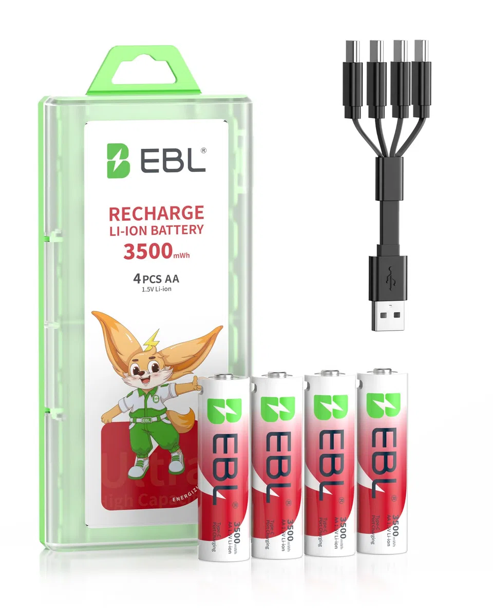 EBL Lot de 4 Piles AA Rechargeables Li-ION, Piles Rechargeable AA /R6 1,5V 3500mWh Puissante, 2H de Charge Directe Rapide,1600+ Cycles de Charge, Haute Performande et Longue Durée