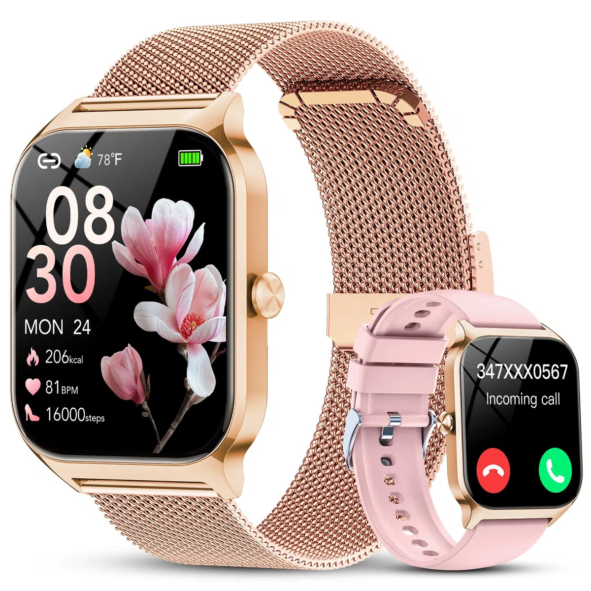 CASCHO Montre Connectée Femme avec Appel Bluetooth,1.85" HD Smartwatch Femme avec Fréquence Cardiaque/Sommeil/SpO2, IPX7 Étanche Fitness Tracker, 120+ Modes Sportifs, Montre pour Android iOS Doré