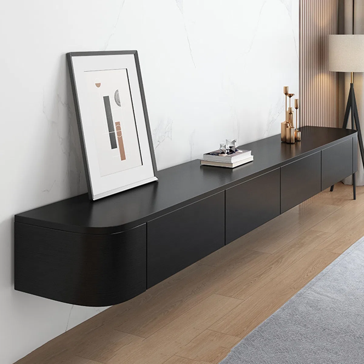 Slish Meuble TV mural moderne en bois avec Sto, idéal pour le salon ou la chambre à coucher (180 x 24 cm) Design compact Noir