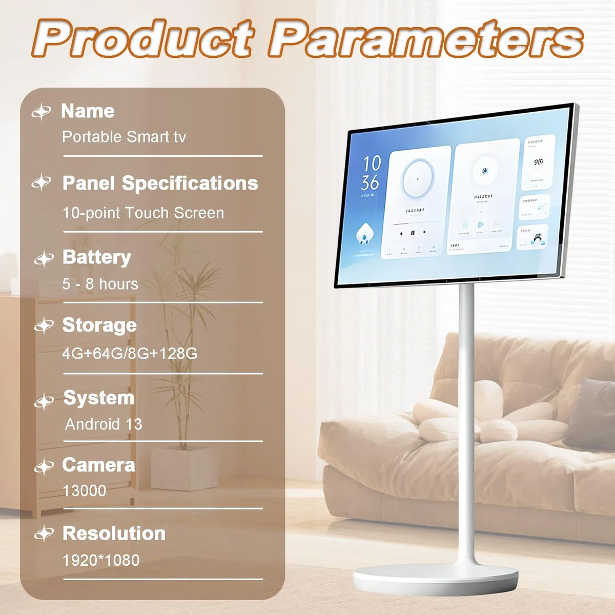 Television Portable sur Pied, Téléviseur Portable 24/27 Pouces, écran Tactile 1080P sur roulettes avec Caméra & Télécommande, pour Télétravail et Salles de Classe(4+64GB,27in)