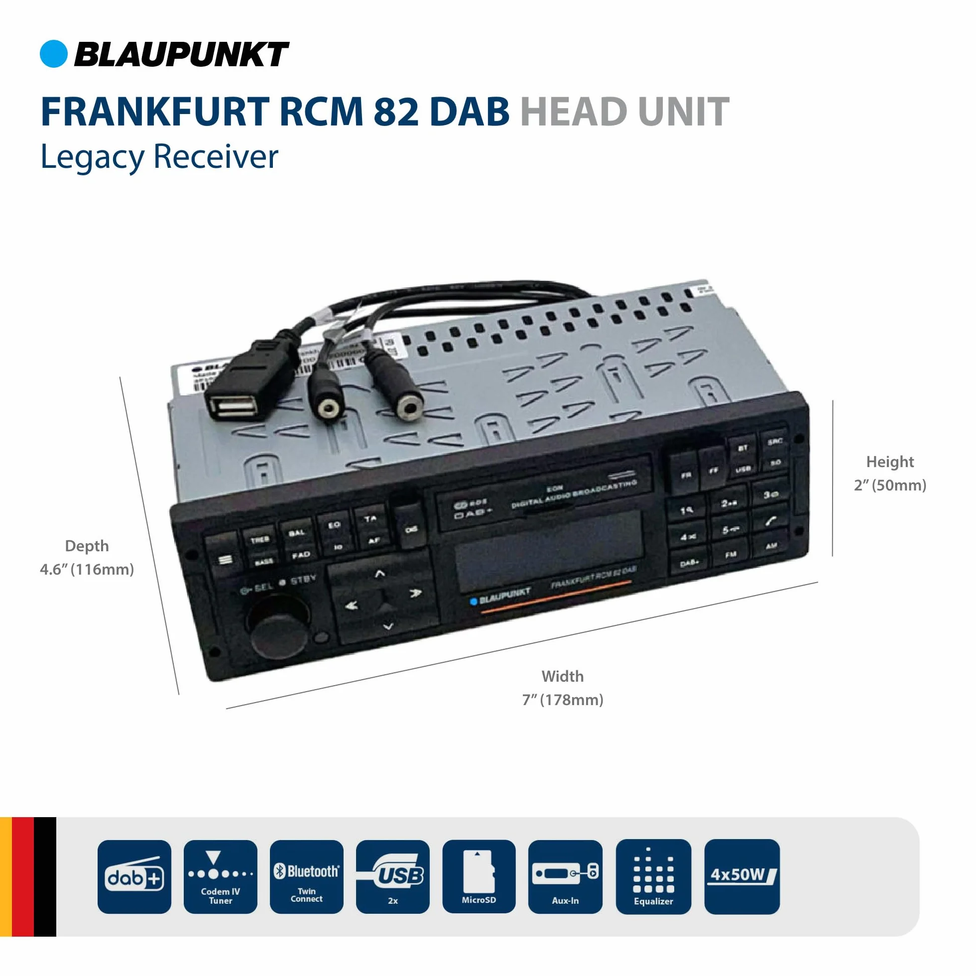 Blaupunkt Frankfurt RCM 82 Dab, 1-DIN autoradio, Youngtimer-Design, Dab+, Bluetooth, kit Mains Libres, USB, auxiliaire, SDHC, SD, Commandes au Volant, Sortie subwoofer, Variocolour, 4x50 Watts, 12V