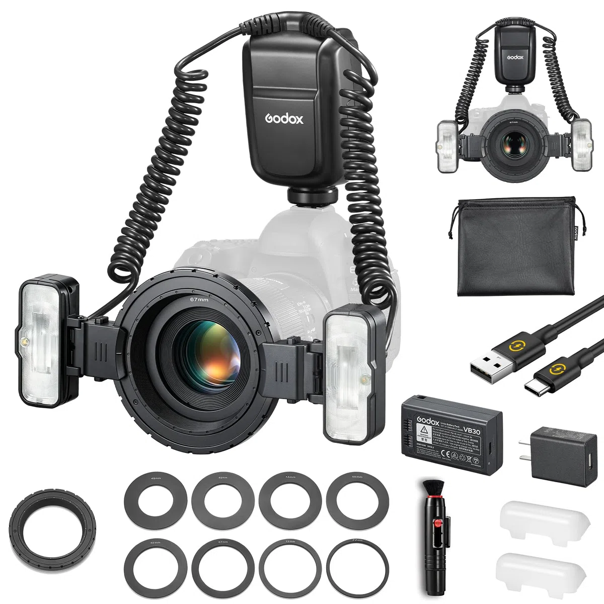 Godox MF-T76 N Flash Macro pour Nikon MF T76 Double Flash TTL Micro Flash 76Ws GN22.4 1,2s Recyclage HSS 4 Twin Flash avec Têtes Réglables Photographie Macro Bijoux Insectes Et Photographie Dentaire