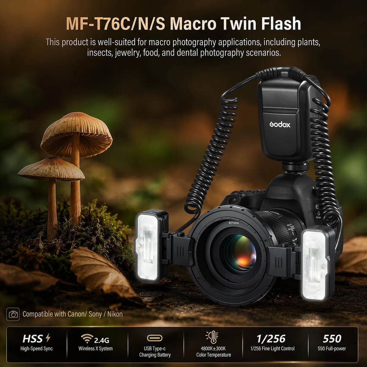 Godox MF-T76 N Flash Macro pour Nikon MF T76 Double Flash TTL Micro Flash 76Ws GN22.4 1,2s Recyclage HSS 4 Twin Flash avec Têtes Réglables Photographie Macro Bijoux Insectes Et Photographie Dentaire