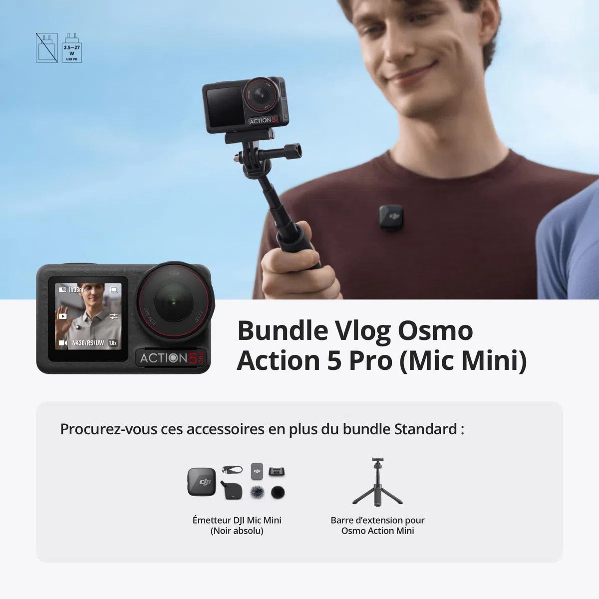 DJI Bundle Standard Osmo Action 5 Pro + Mic Mini Émetteur (Noir Absolu) + Barre d’Extension pour Osmo Action Mini, Caméra Étanche avec Capteur 1/1,3", Vidéo 4K/120 IPS, Suivi de Sujet, Stabilisation