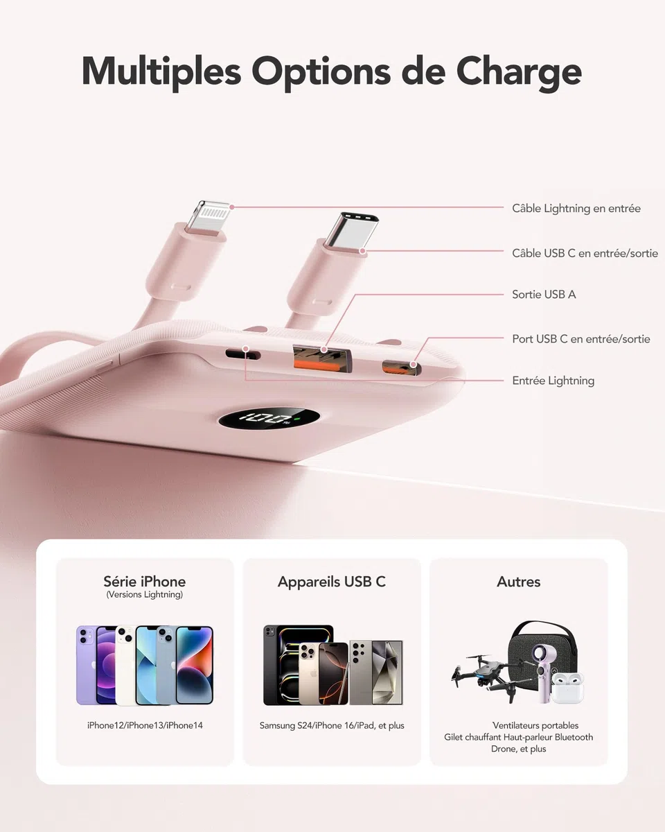 Batterie Externe 10000mAh, WeeFancy Power Bank Charge Rapide PD 22.5W avec Câbles Intégrés USB C Sortie, Mince Légère Portable Chargeur Affichage LED, Universel Compatible iPhone/Samsung (Rose)