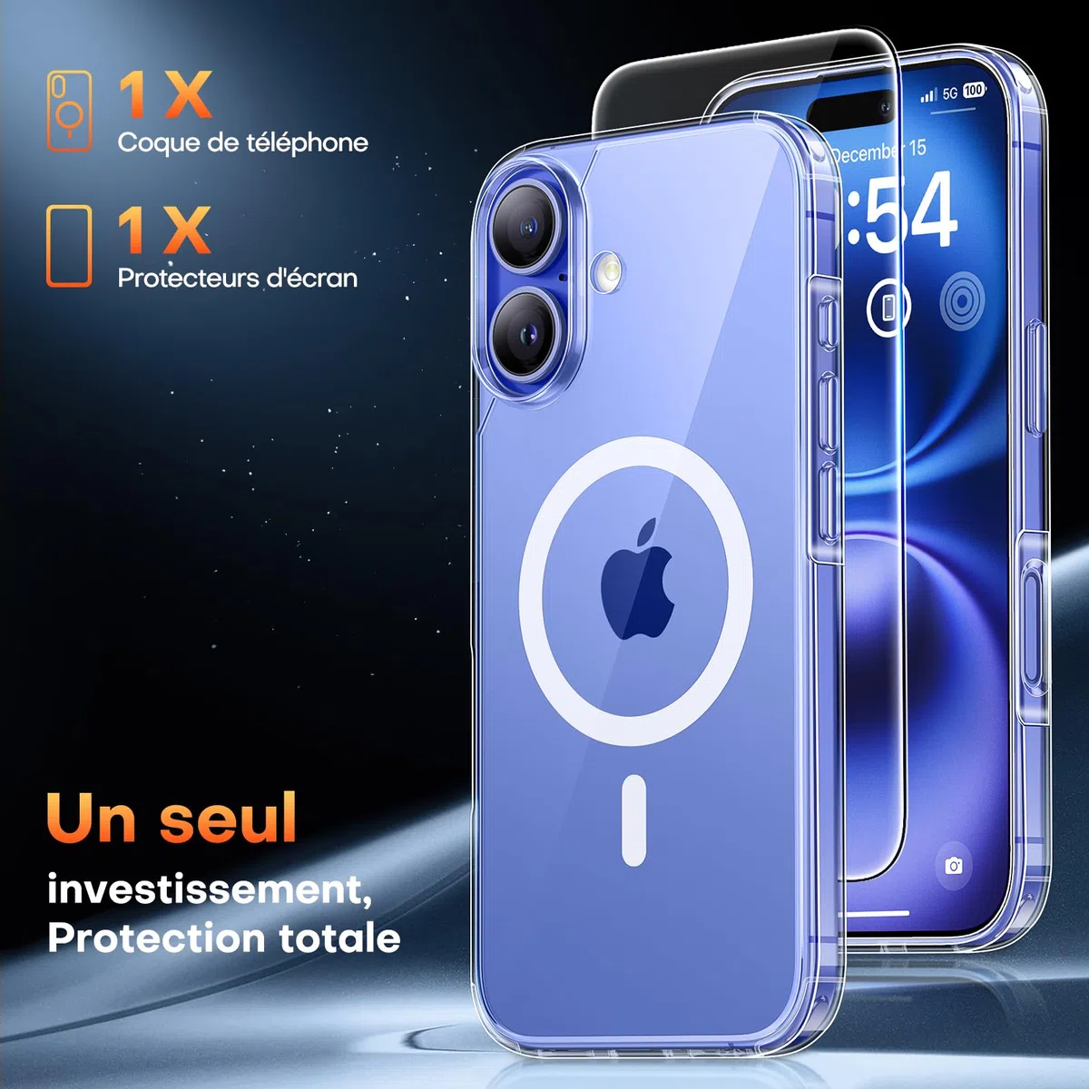TAURI Coque Magnétique pour iPhone 16 [Protection Militaire] avec Protection D'écran en Verre Trempé [Compatible avec MagSafe] -Coque Mince 6,1 Pouces-Transparent