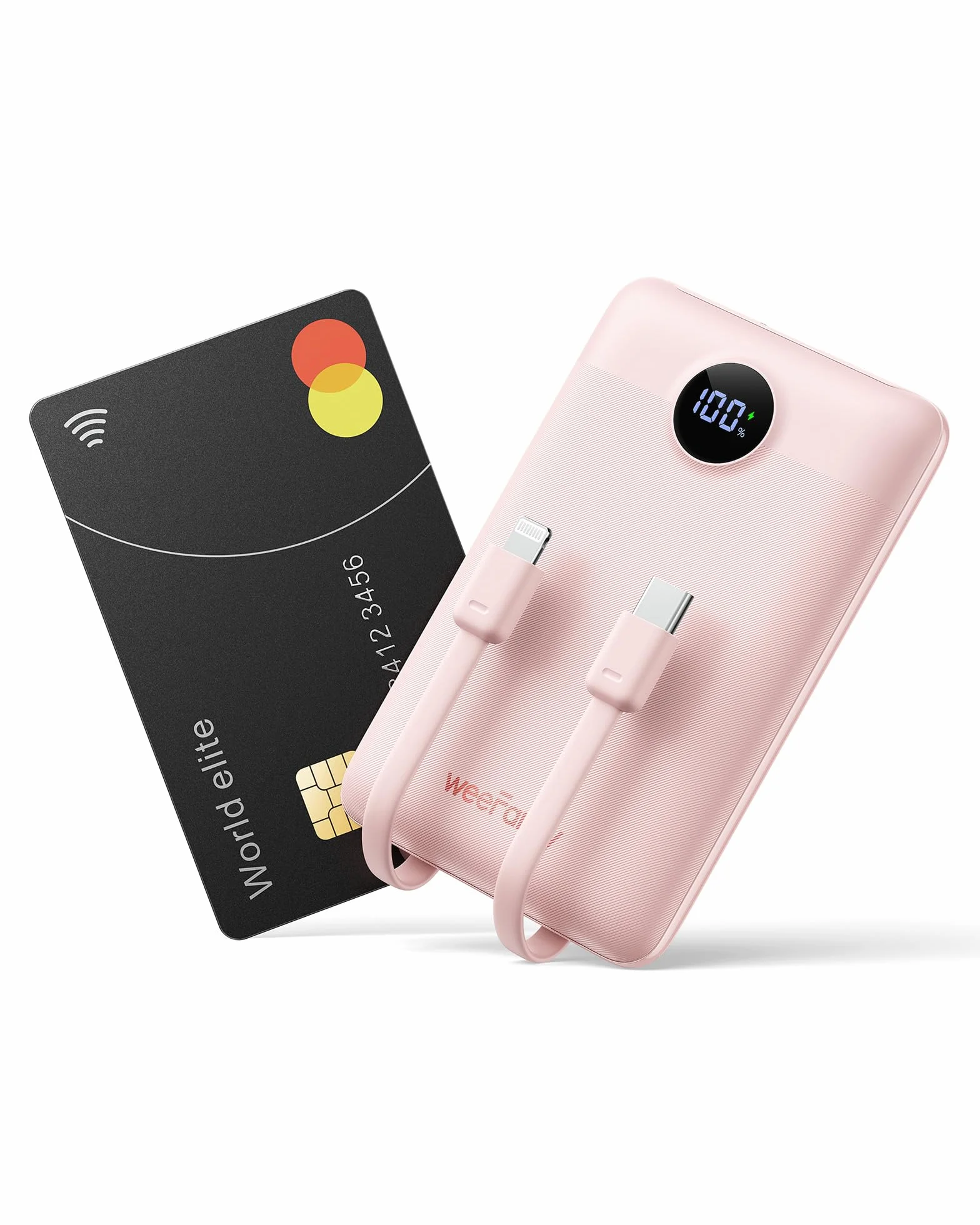 Batterie Externe 10000mAh, WeeFancy Power Bank Charge Rapide PD 22.5W avec Câbles Intégrés USB C Sortie, Mince Légère Portable Chargeur Affichage LED, Universel Compatible iPhone/Samsung (Rose)