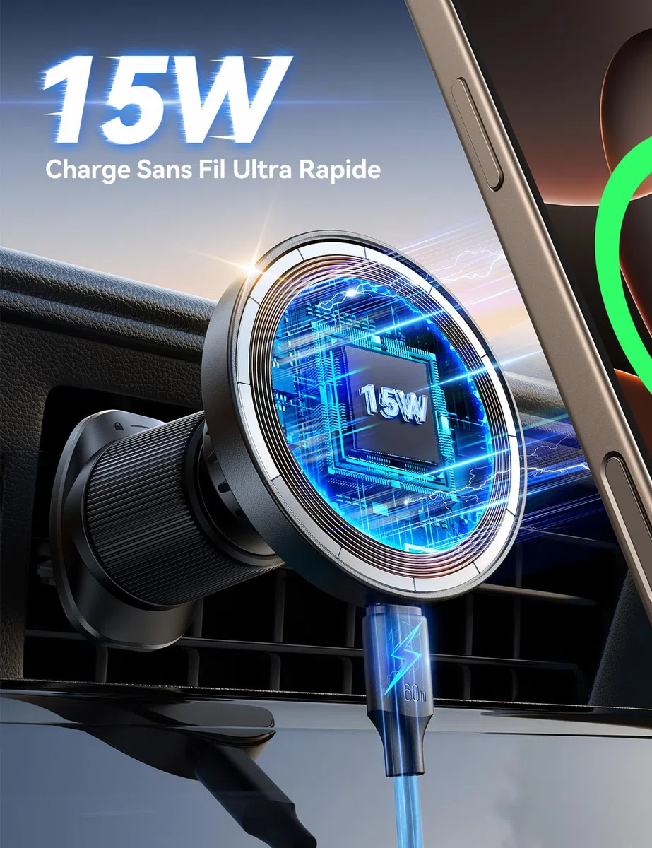 JOYROOM Support Telephone Voiture Magsafe Induction Ensemble 2 en 1 [Conception Améliorée Pince Double Crochet] Chargeur Magsafe Voiture 15W, Chargeur Induction Voiture iPhone 17 Air Pro Max 16-12