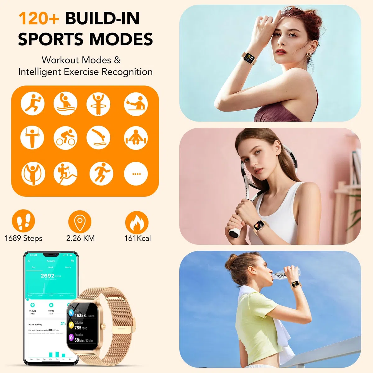 CASCHO Montre Connectée Femme avec Appel Bluetooth,1.85" HD Smartwatch Femme avec Fréquence Cardiaque/Sommeil/SpO2, IPX7 Étanche Fitness Tracker, 120+ Modes Sportifs, Montre pour Android iOS Doré