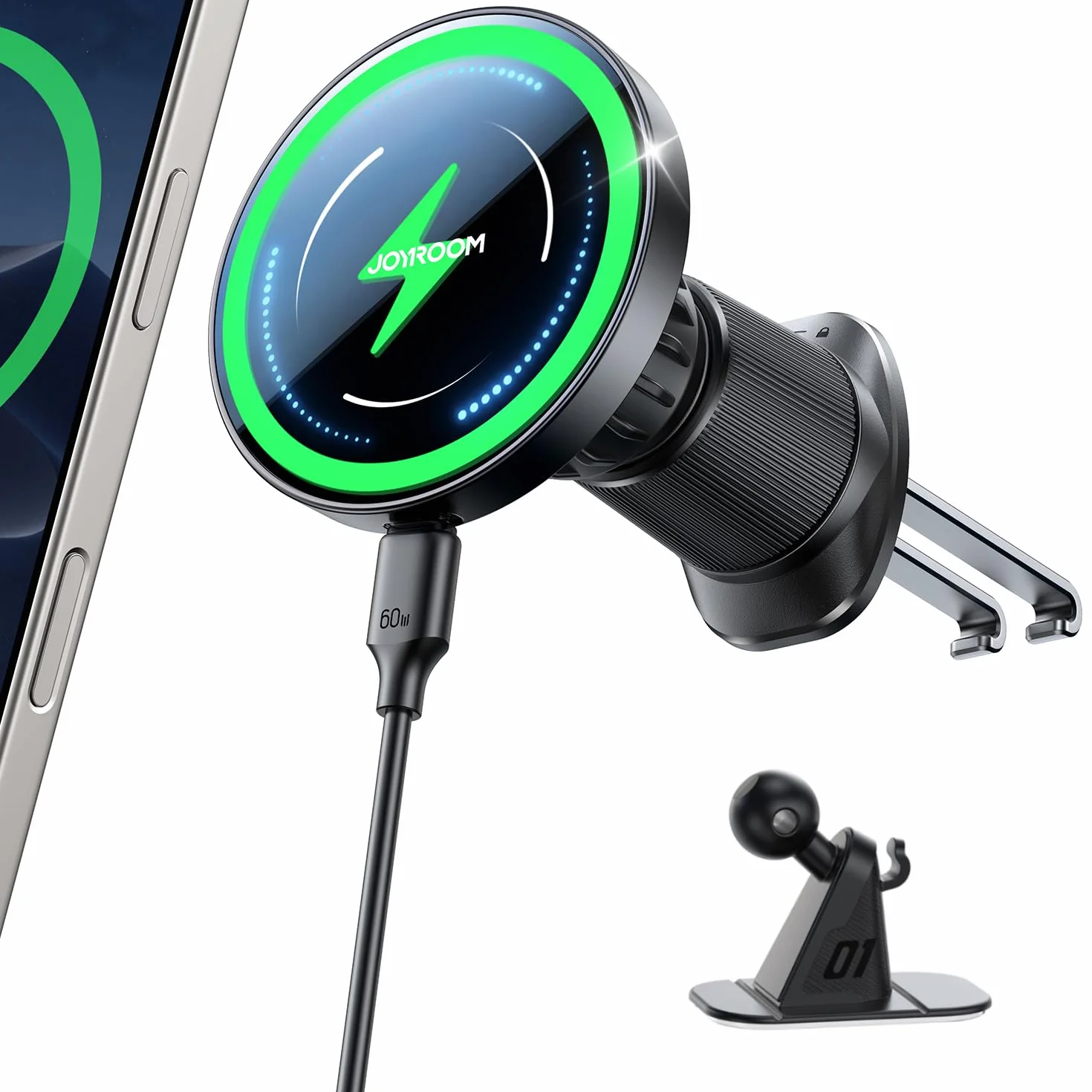 JOYROOM Support Telephone Voiture Magsafe Induction Ensemble 2 en 1 [Conception Améliorée Pince Double Crochet] Chargeur Magsafe Voiture 15W, Chargeur Induction Voiture iPhone 17 Air Pro Max 16-12