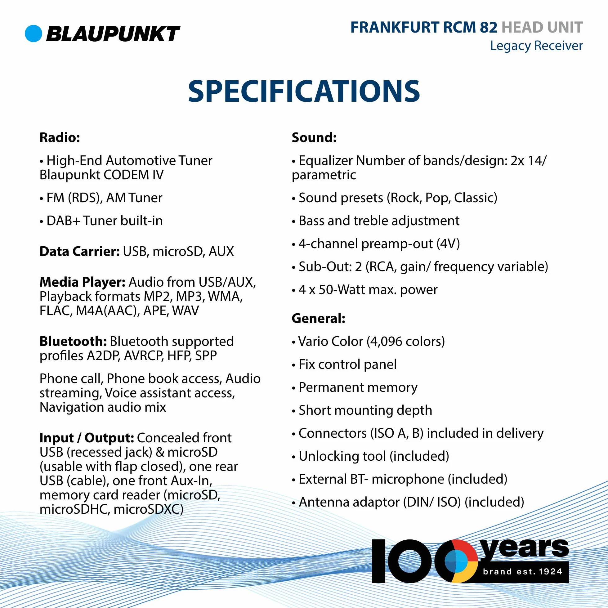 Blaupunkt Frankfurt RCM 82 Dab, 1-DIN autoradio, Youngtimer-Design, Dab+, Bluetooth, kit Mains Libres, USB, auxiliaire, SDHC, SD, Commandes au Volant, Sortie subwoofer, Variocolour, 4x50 Watts, 12V