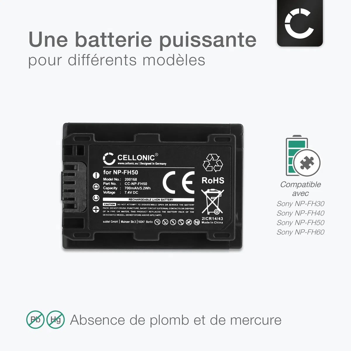 CELLONIC 1x Batterie pour Appareil Photo Compatible avec Sony DSLR-A200 (α200), DSLR-A230 (α230), DSLR-A330 (α330), NP-FH50 - (700mAh, 7.4V)