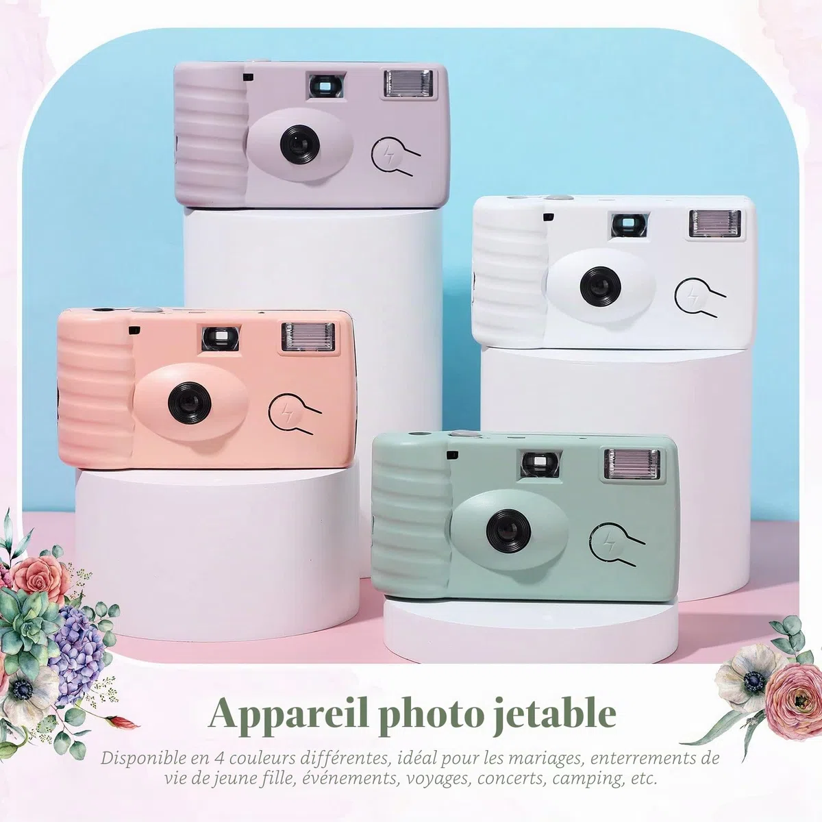 LEIFIDE Lot de 8 appareils photo jetables en vrac pour mariage, usage unique, appareil photo 35 mm avec film couleur flash pour photographie, anniversaire, voyage, camping, fête (couleur mignonne)