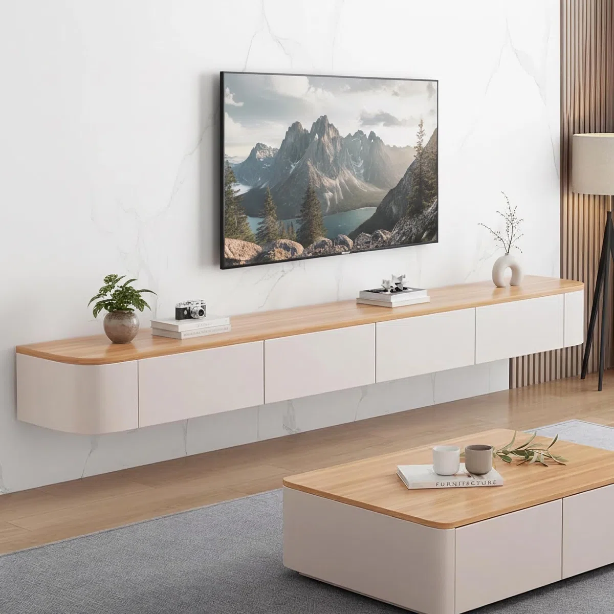 Meuble TV flottant élégant en bois de pin - Meuble de rangement mural pour économiser de l'espace - Centre de divertissement pour le salon - Décoration rustique moderne - Meuble TV idéal pour les