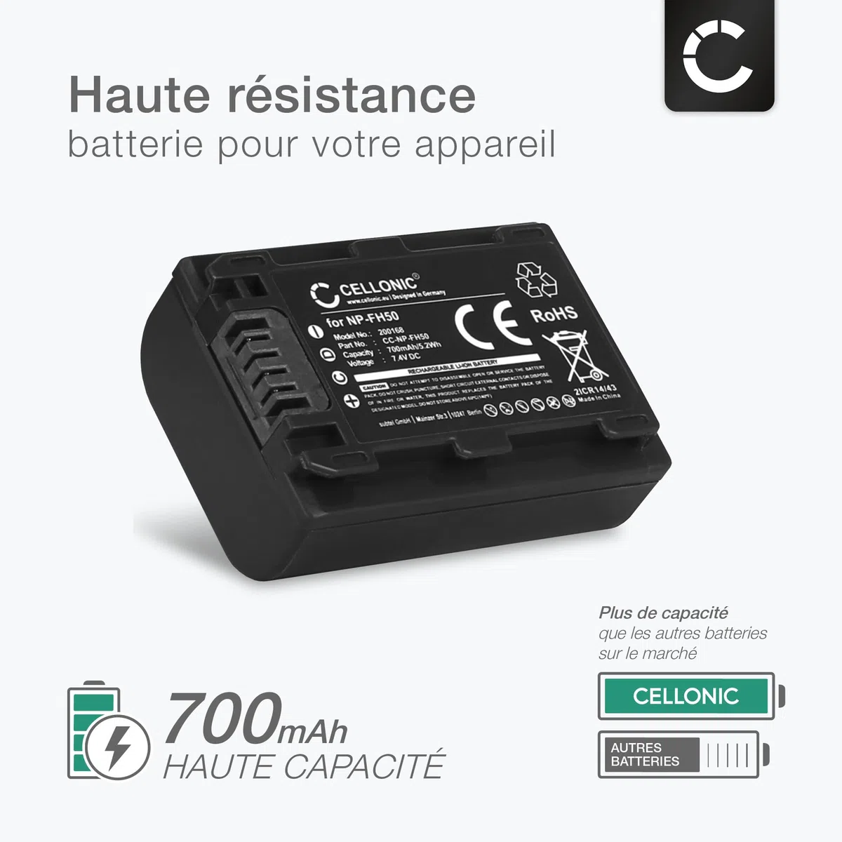 CELLONIC 1x Batterie pour Appareil Photo Compatible avec Sony DSLR-A200 (α200), DSLR-A230 (α230), DSLR-A330 (α330), NP-FH50 - (700mAh, 7.4V)