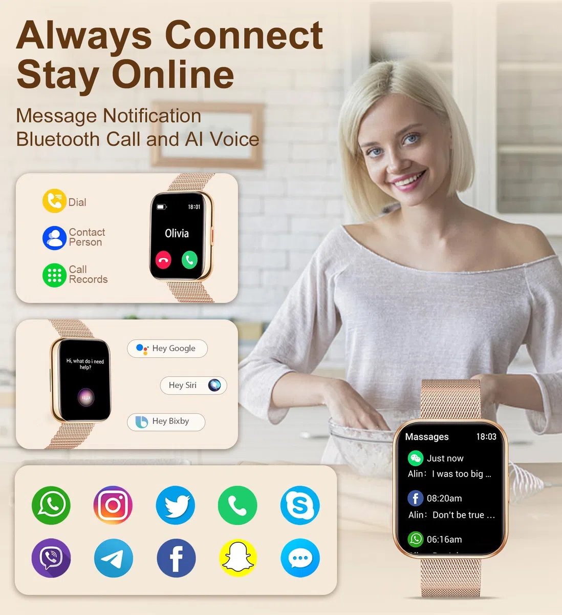 Iaret Montre Connectée Femme avec Appel Bluetooth, 1,85" HD Smartwatch, 100+ Sportifs, Moniteur de Sommeil Cardiofréquencemètre, Cycle Menstruel, Montre Podomètre pour Android iOS, Cadeau Femme