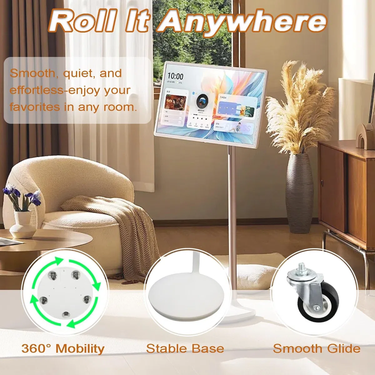 Television Portable sur Pied, Téléviseur Portable 24/27 Pouces, écran Tactile 1080P sur roulettes avec Caméra & Télécommande, pour Télétravail et Salles de Classe(4+64GB,27in)